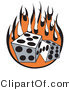 Retro Clipart of Two White Dice Rolling over Flames at a Casino by Andy Nortnik